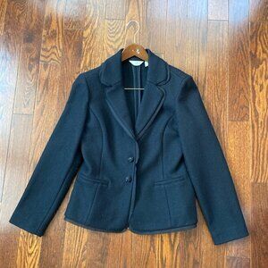 J. Jill Boiled Wool Blazer Black Size 8 Covered Buttons Sheer Trim Detail